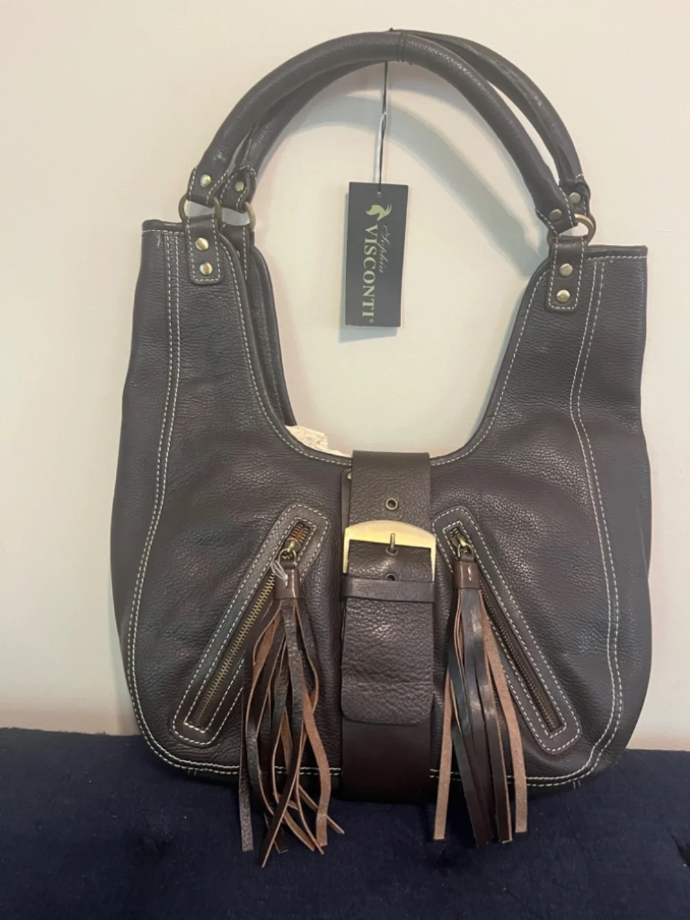 Leather Dark Brown Sophia Visconti Fringe Hobo Bag